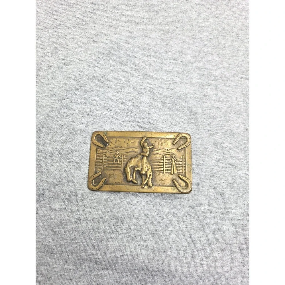 Vintage Bronc Rider Corral Rodeo Stallion Brass Belt Buckle Looped Belt